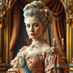 A stunning portrait of an 18th-century wealthy woman, showcasing her grace and opulent style