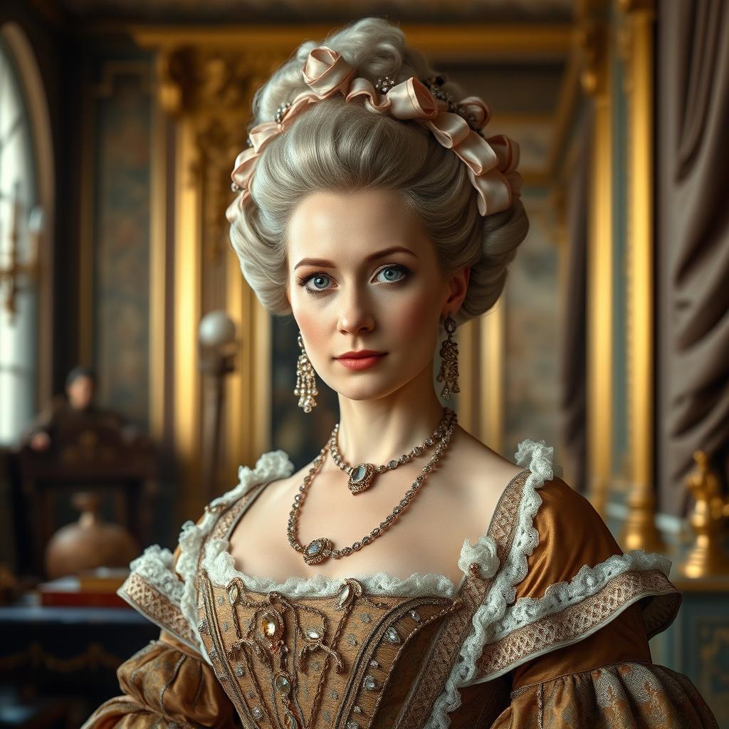 A stunning portrait of an 18th-century wealthy woman, showcasing her grace and opulent style