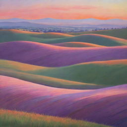 A tranquil countryside landscape at sunset, with softly rolling hills, contrasting shadows, and the glow of the setting sun painting the sky with shades of orange, pink, and purple.