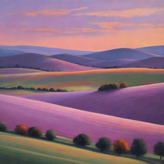 A tranquil countryside landscape at sunset, with softly rolling hills, contrasting shadows, and the glow of the setting sun painting the sky with shades of orange, pink, and purple.