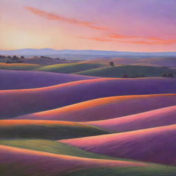 A tranquil countryside landscape at sunset, with softly rolling hills, contrasting shadows, and the glow of the setting sun painting the sky with shades of orange, pink, and purple.