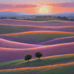 A tranquil countryside landscape at sunset, with softly rolling hills, contrasting shadows, and the glow of the setting sun painting the sky with shades of orange, pink, and purple.