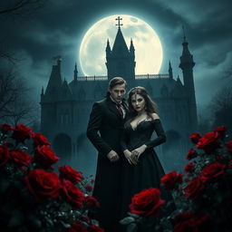 Under the haunting glow of a full moon, an enigmatic vampire couple stands amidst a garden of deep red roses, their Gothic attire accentuating their timeless allure