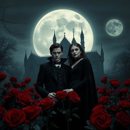 Under the haunting glow of a full moon, an enigmatic vampire couple stands amidst a garden of deep red roses, their Gothic attire accentuating their timeless allure