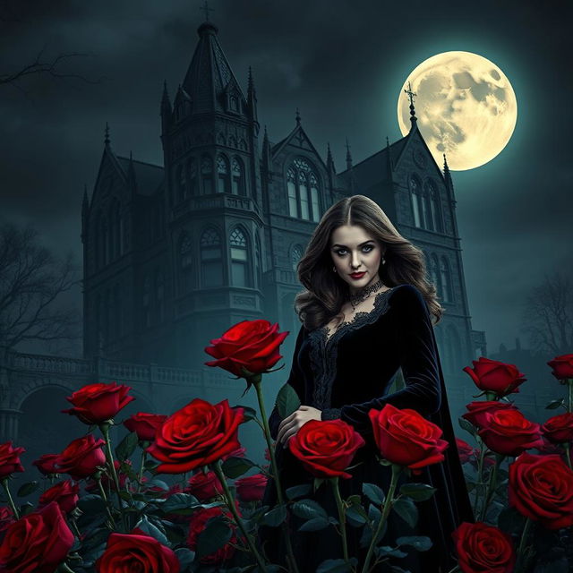 Under the haunting glow of a full moon, an enigmatic vampire couple stands amidst a garden of deep red roses, their Gothic attire accentuating their timeless allure