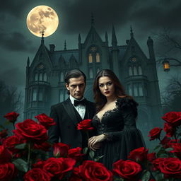 Under the haunting glow of a full moon, an enigmatic vampire couple stands amidst a garden of deep red roses, their Gothic attire accentuating their timeless allure