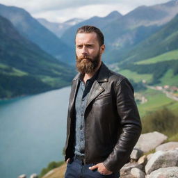 A bearded European man wearing a leather jacket, standing before a picturesque scenic background.