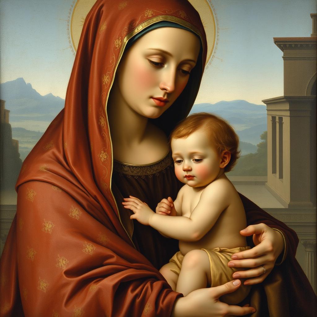 A serene and beautifully detailed painting of the Madonna and Child from the 16th century, showcasing Renaissance artistry