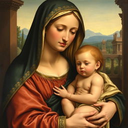 A serene and beautifully detailed painting of the Madonna and Child from the 16th century, showcasing Renaissance artistry