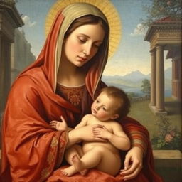 A serene and beautifully detailed painting of the Madonna and Child from the 16th century, showcasing Renaissance artistry