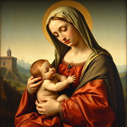 A serene and beautifully detailed painting of the Madonna and Child from the 16th century, showcasing Renaissance artistry