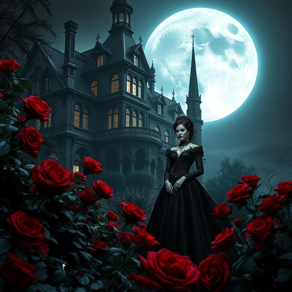 Under the ethereal glow of a full moon, an enigmatic vampire couple stands amidst a lush garden of deep red roses