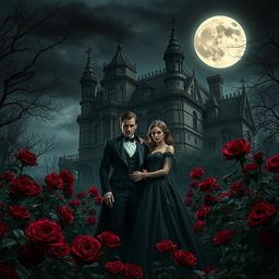 Under the ethereal glow of a full moon, an enigmatic vampire couple stands amidst a lush garden of deep red roses