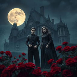 Under the ethereal glow of a full moon, an enigmatic vampire couple stands amidst a lush garden of deep red roses