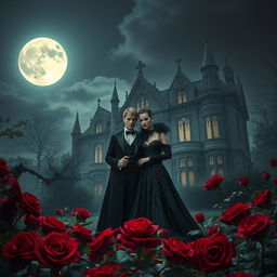 Under the ethereal glow of a full moon, an enigmatic vampire couple stands amidst a lush garden of deep red roses