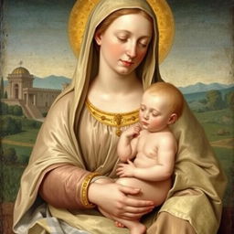 A serene and beautifully detailed painting of the Madonna and Child in the style of Raphael from the 16th century, capturing the essence of Renaissance artistry