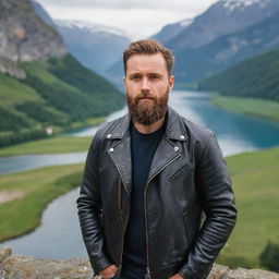 A bearded European man wearing a leather jacket, standing before a picturesque scenic background.