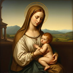 A serene and beautifully detailed painting of the Madonna and Child in the style of Raphael from the 16th century, capturing the essence of Renaissance artistry