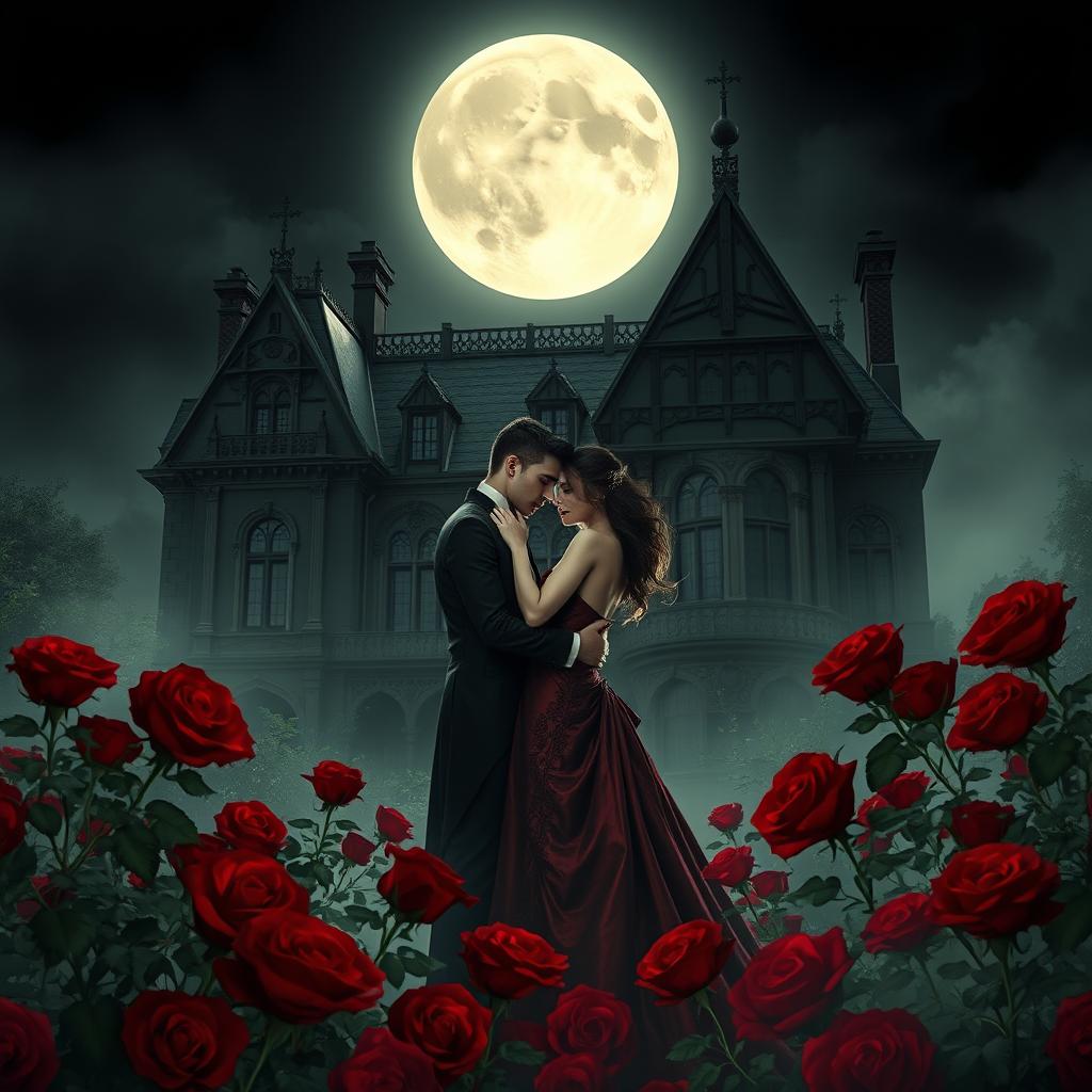 Beneath the ethereal glow of a full moon, a vampire couple embraces lovingly amidst a sea of deep red roses