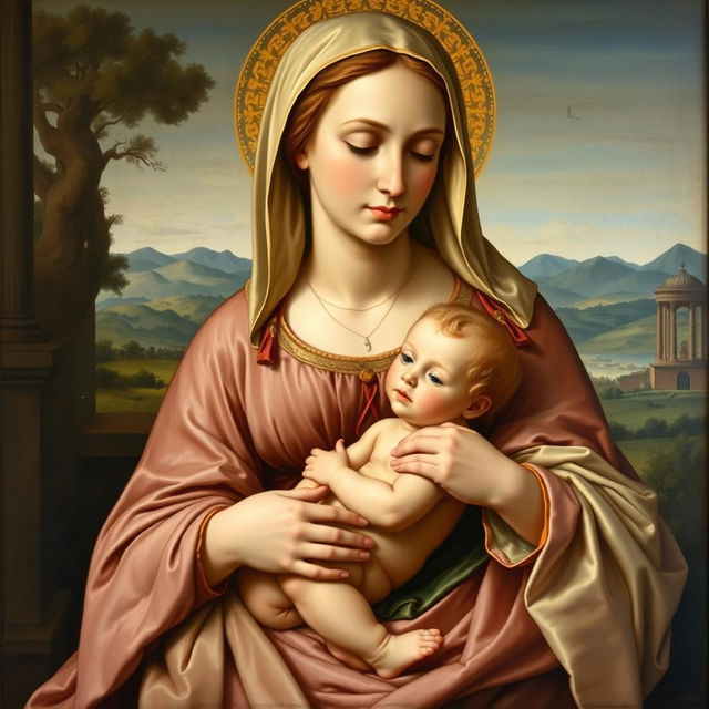 A serene and beautifully detailed painting of the Madonna and Child in the style of Raphael from the 16th century, capturing the essence of Renaissance artistry