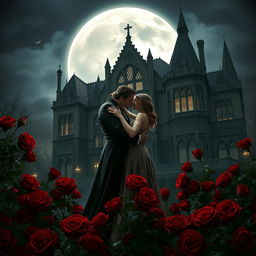 Beneath the ethereal glow of a full moon, a vampire couple embraces lovingly amidst a sea of deep red roses