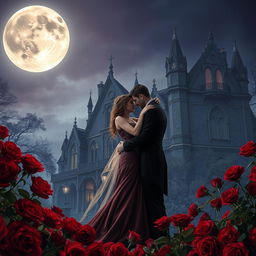 Beneath the ethereal glow of a full moon, a vampire couple embraces lovingly amidst a sea of deep red roses