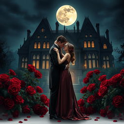 Beneath the ethereal glow of a full moon, a vampire couple embraces lovingly amidst a sea of deep red roses