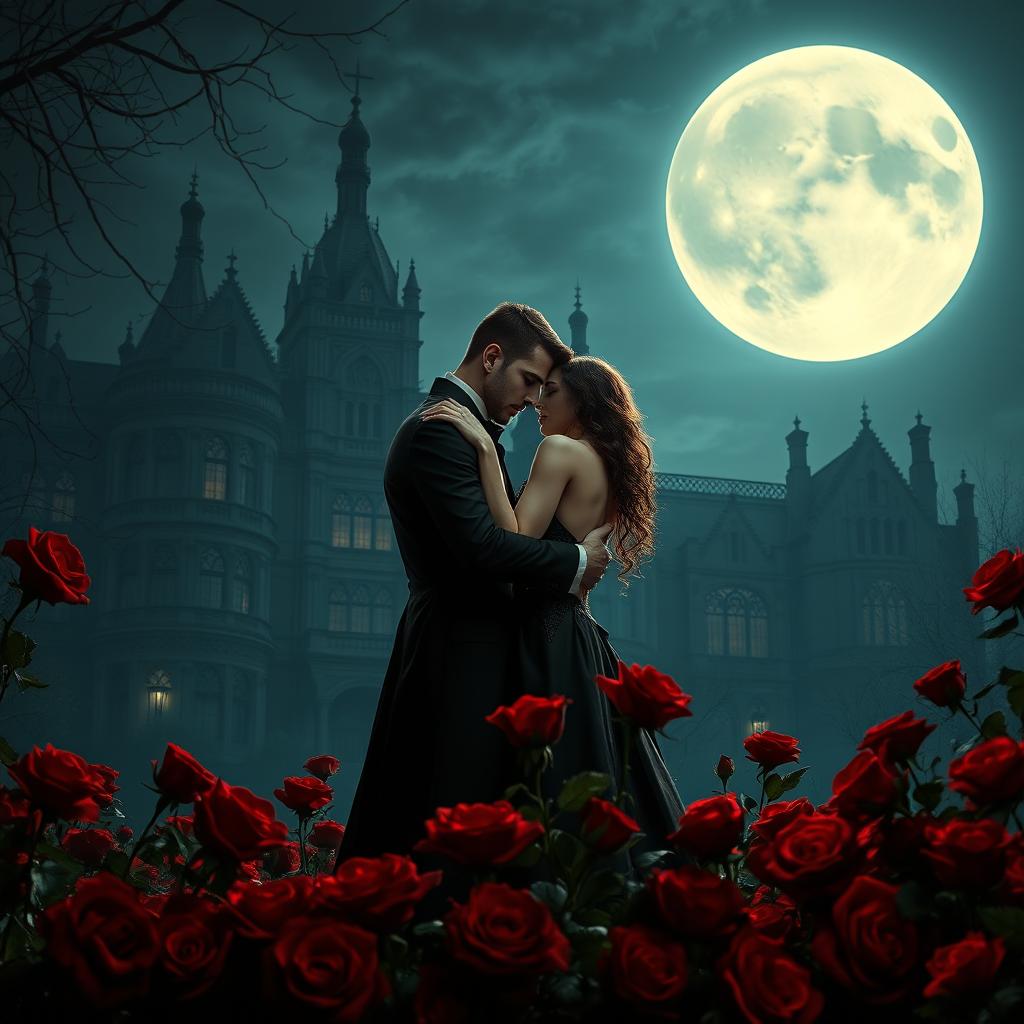 Under the enchanting glow of a full moon, a vampire couple lovingly hugs amidst a sea of deep red roses