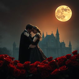 Under the enchanting glow of a full moon, a vampire couple lovingly hugs amidst a sea of deep red roses