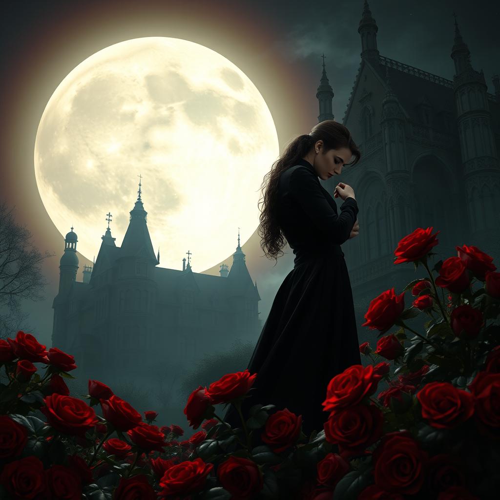 Under the enchanting glow of a full moon, a vampire couple lovingly hugs amidst a sea of deep red roses