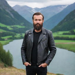 A bearded European man wearing a leather jacket, standing before a picturesque scenic background.