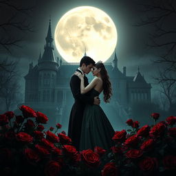 Under the enchanting glow of a full moon, a vampire couple lovingly hugs amidst a sea of deep red roses