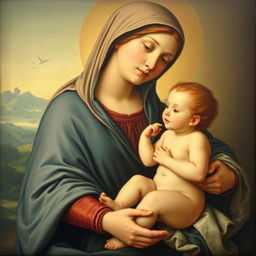 A serene and masterfully detailed painting of the Madonna and Child in the style of Leonardo da Vinci from the 16th century, capturing the essence of High Renaissance artistry