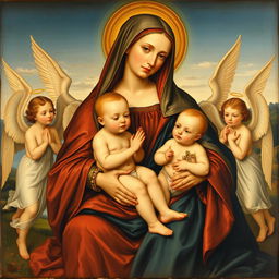 A harmonious and intricate painting of the Madonna and Child from the 16th century, featuring angels and St