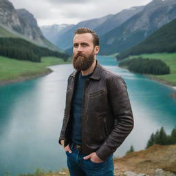 A bearded European man wearing a leather jacket, standing before a picturesque scenic background.