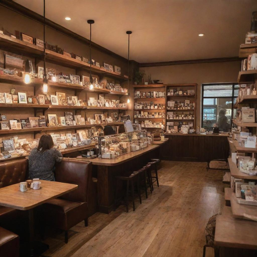 A cozy, charming coffee shop interior with warm lighting, inviting tables with plush seating, shelves lined with books, and baristas crafting caffeine-infused masterpieces in the background.