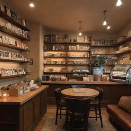 A cozy, charming coffee shop interior with warm lighting, inviting tables with plush seating, shelves lined with books, and baristas crafting caffeine-infused masterpieces in the background.