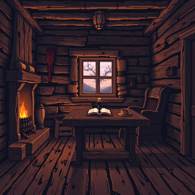 An intricate and detailed pixel art representation of an old, rustic wooden house interior