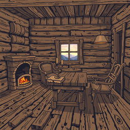 An intricate and detailed pixel art representation of an old, rustic wooden house interior