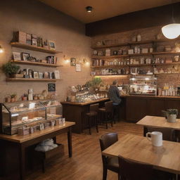 A cozy, charming coffee shop interior with warm lighting, inviting tables with plush seating, shelves lined with books, and baristas crafting caffeine-infused masterpieces in the background.