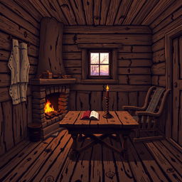 An intricate and detailed pixel art representation of an old, rustic wooden house interior