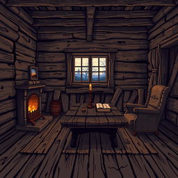 An intricate and detailed pixel art representation of an old, rustic wooden house interior