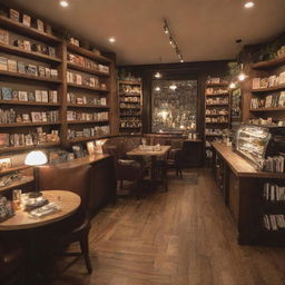 A cozy, charming coffee shop interior with warm lighting, inviting tables with plush seating, shelves lined with books, and baristas crafting caffeine-infused masterpieces in the background.