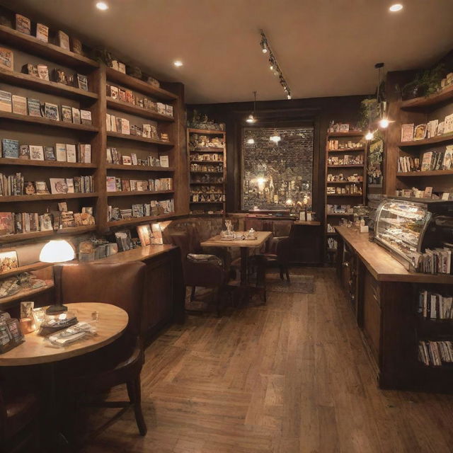 A cozy, charming coffee shop interior with warm lighting, inviting tables with plush seating, shelves lined with books, and baristas crafting caffeine-infused masterpieces in the background.