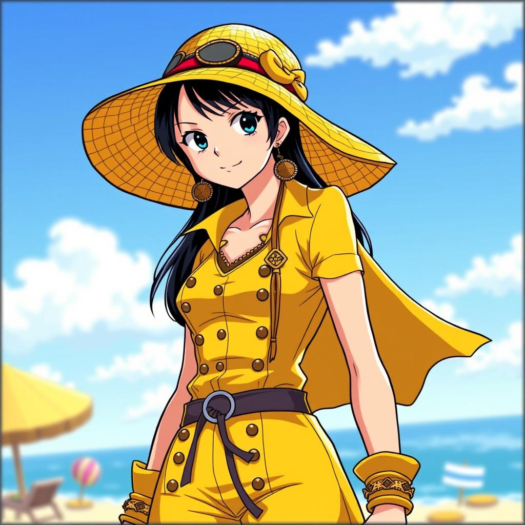 Nico Robin from One Piece wearing a stylish yellow-colored outfit, complete with a fashionable sun hat