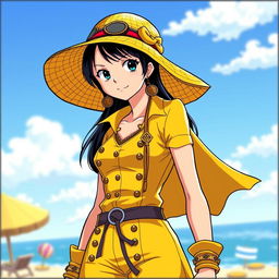 Nico Robin from One Piece wearing a stylish yellow-colored outfit, complete with a fashionable sun hat