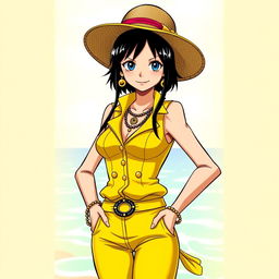 Nico Robin from One Piece wearing a stylish yellow-colored outfit, complete with a fashionable sun hat