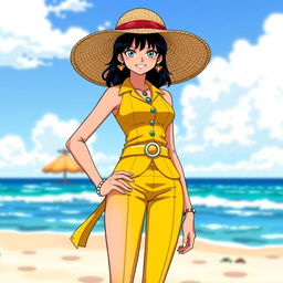 Nico Robin from One Piece wearing a stylish yellow-colored outfit, complete with a fashionable sun hat