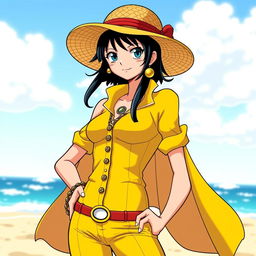 Nico Robin from One Piece wearing a stylish yellow-colored outfit, complete with a fashionable sun hat