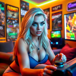 A voluptuous blonde woman with striking blue eyes, playing on a video game console